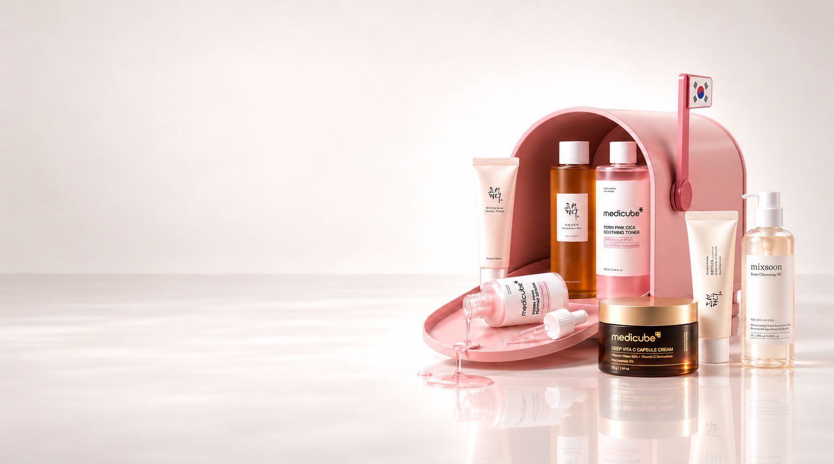 Nouveautés k-beauty Medicube, Beauty of Joseon et Mixsoon sortant d'une boîte aux lettres rose